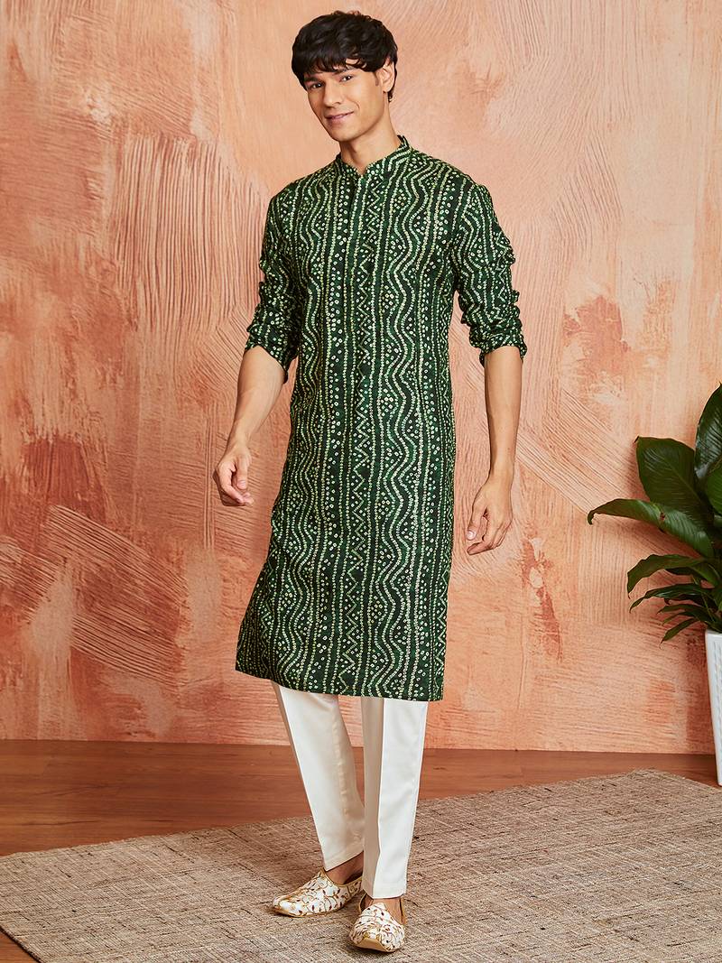 green foil bandhani digital print rayon kurta with cream viscose pyjama | fresh festive casual set