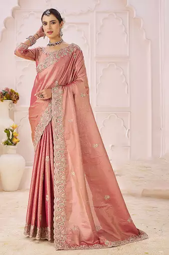 Pink embroidered banarasi saree
