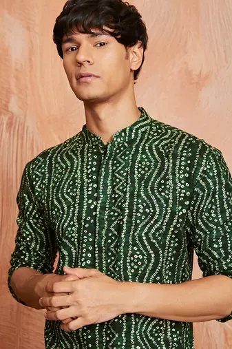 green foil bandhani digital print rayon kurta with cream viscose pyjama | fresh festive casual set