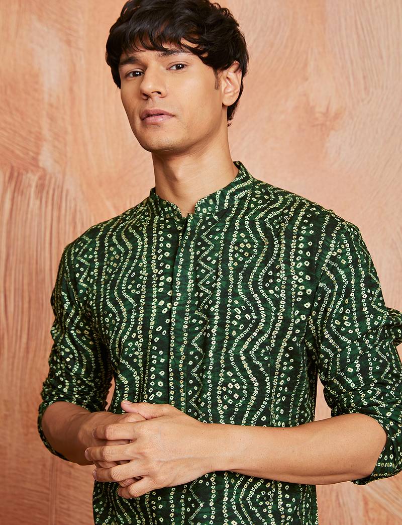 green foil bandhani digital print rayon kurta with cream viscose pyjama | fresh festive casual set