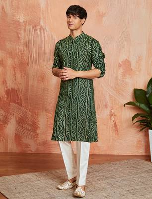 green foil bandhani digital print rayon kurta with cream viscose pyjama | fresh festive casual set 4