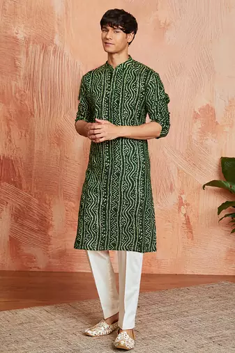 green foil bandhani digital print rayon kurta with cream viscose pyjama | fresh festive casual set
