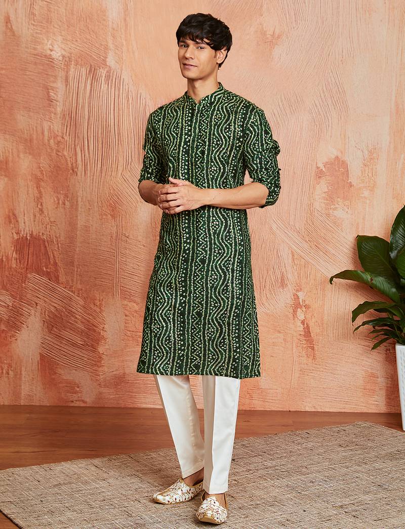 green foil bandhani digital print rayon kurta with cream viscose pyjama | fresh festive casual set
