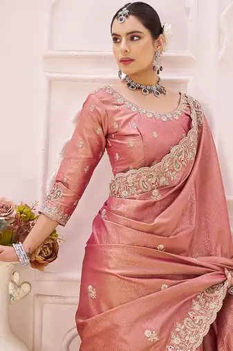 Pink embroidered banarasi saree