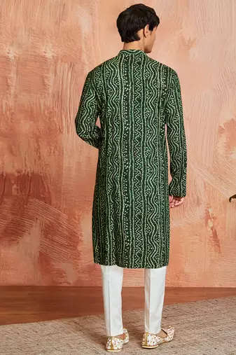 green foil bandhani digital print rayon kurta with cream viscose pyjama | fresh festive casual set