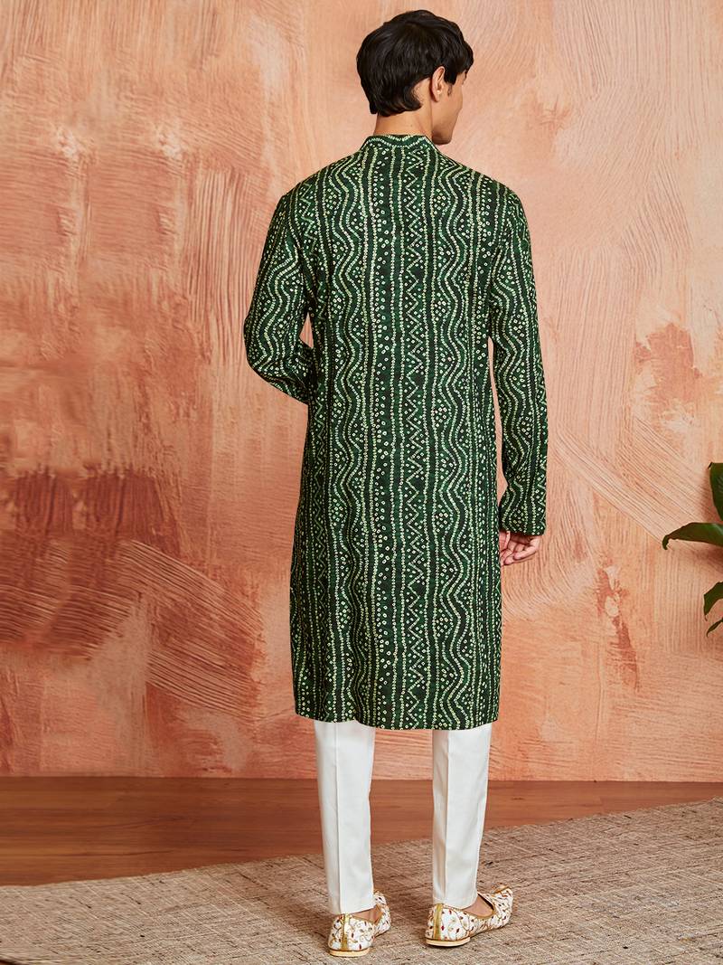 green foil bandhani digital print rayon kurta with cream viscose pyjama | fresh festive casual set