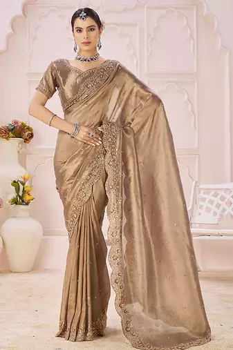 Beige embroidered banarasi jacquard saree