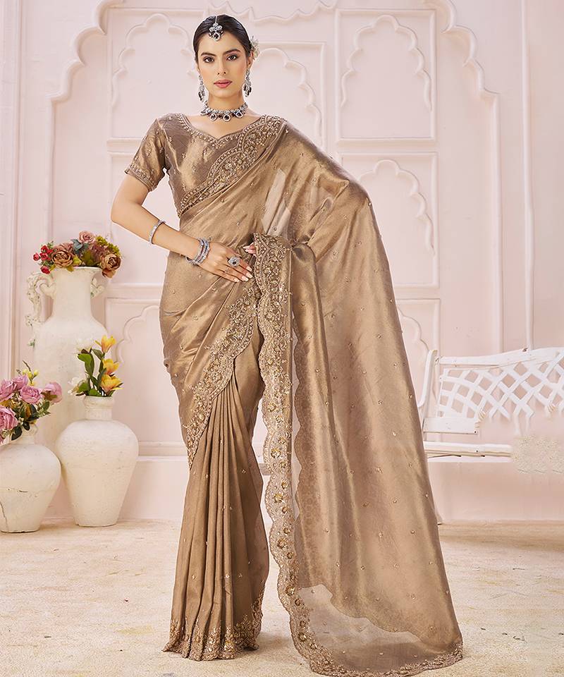 Beige embroidered banarasi jacquard saree