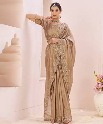 Beige embroidered banarasi jacquard saree 2