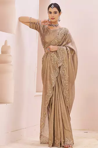 Beige embroidered banarasi jacquard saree