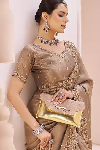 Beige embroidered banarasi jacquard saree