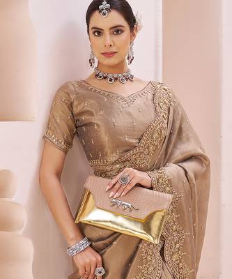 Beige embroidered banarasi jacquard saree 4