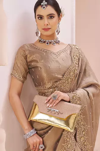 Beige embroidered banarasi jacquard saree