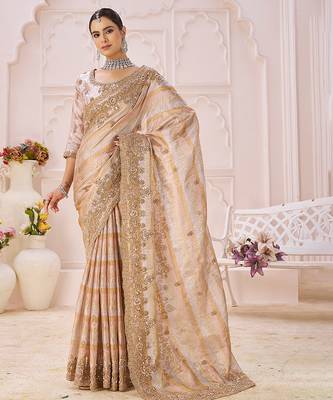 Beige embroidered banarasi saree 1