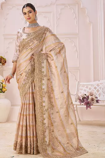 Beige embroidered banarasi saree