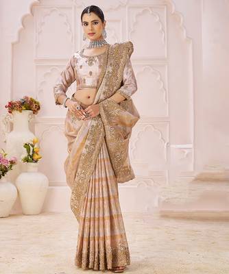 Beige embroidered banarasi saree 3