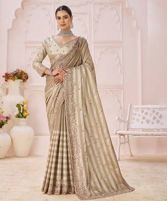 Beige embroidered banarasi saree 1