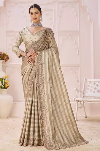 Beige embroidered banarasi saree