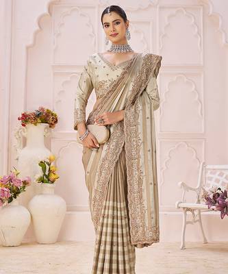 Beige embroidered banarasi saree 2