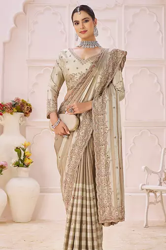 Beige embroidered banarasi saree