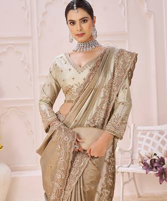 Beige embroidered banarasi saree 3