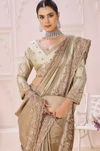 Beige embroidered banarasi saree