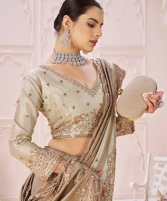 Beige embroidered banarasi saree 4