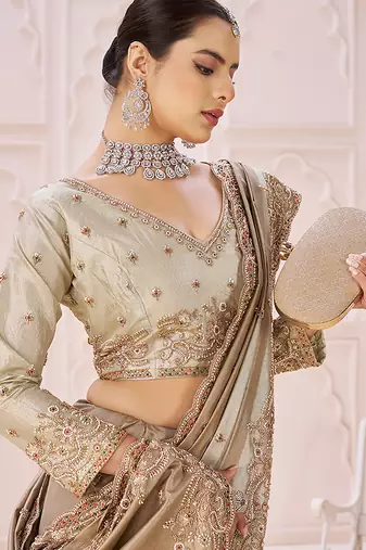 Beige embroidered banarasi saree