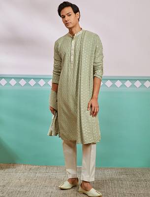 pista green chikankari rayon kurta with cream pyjama & pista embroidered dupatta | fresh festive set 1