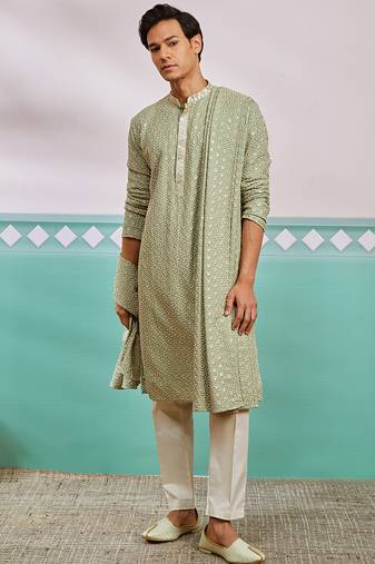 pista green chikankari rayon kurta with cream pyjama & pista embroidered dupatta | fresh festive set