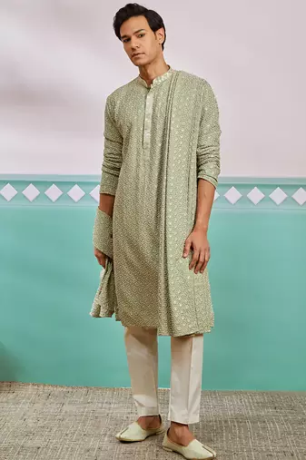 pista green chikankari rayon kurta with cream pyjama & pista embroidered dupatta | fresh festive set
