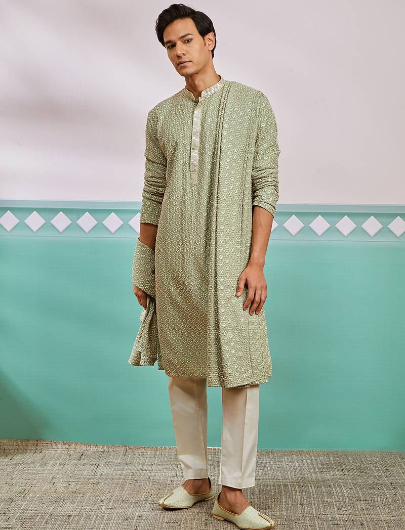 pista green chikankari rayon kurta with cream pyjama & pista embroidered dupatta | fresh festive set