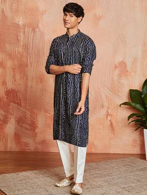 blue foil bandhani digital print rayon kurta with cream viscose pyjama | festive casual wear 1