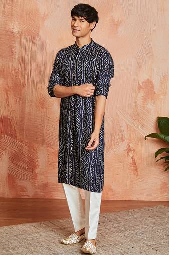 blue foil bandhani digital print rayon kurta with cream viscose pyjama | festive casual wear