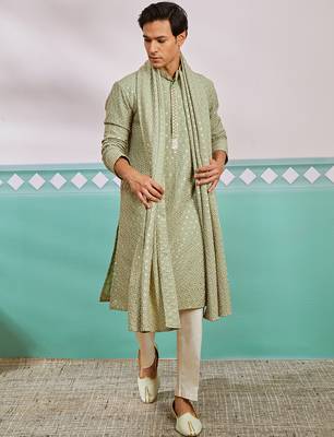 pista green chikankari rayon kurta with cream pyjama & pista embroidered dupatta | fresh festive set 2