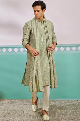 pista green chikankari rayon kurta with cream pyjama & pista embroidered dupatta | fresh festive set