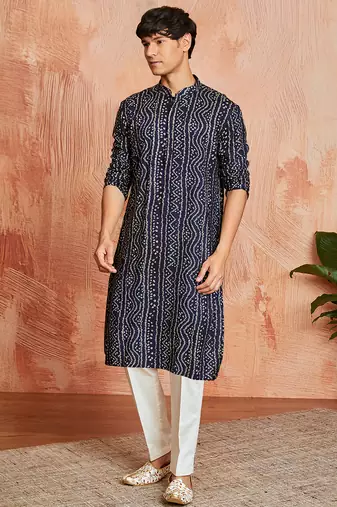 blue foil bandhani digital print rayon kurta with cream viscose pyjama | festive casual wear