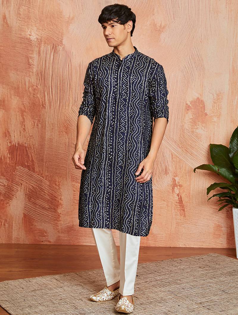 blue foil bandhani digital print rayon kurta with cream viscose pyjama | festive casual wear
