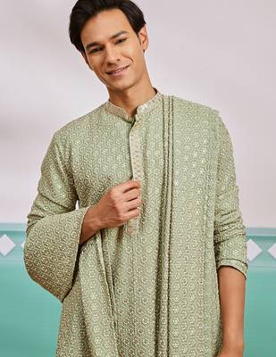 pista green chikankari rayon kurta with cream pyjama & pista embroidered dupatta | fresh festive set 3
