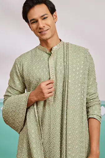 pista green chikankari rayon kurta with cream pyjama & pista embroidered dupatta | fresh festive set