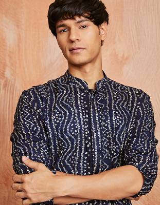 blue foil bandhani digital print rayon kurta with cream viscose pyjama | festive casual wear 3