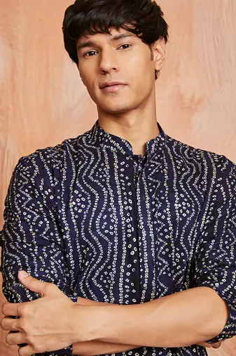 blue foil bandhani digital print rayon kurta with cream viscose pyjama | festive casual wear