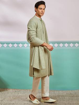 pista green chikankari rayon kurta with cream pyjama & pista embroidered dupatta | fresh festive set 4