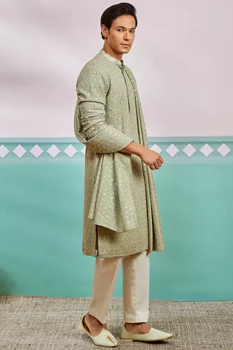 pista green chikankari rayon kurta with cream pyjama & pista embroidered dupatta | fresh festive set
