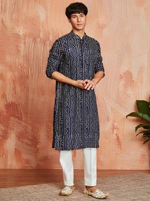 blue foil bandhani digital print rayon kurta with cream viscose pyjama | festive casual wear 4