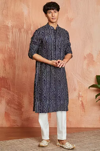 blue foil bandhani digital print rayon kurta with cream viscose pyjama | festive casual wear