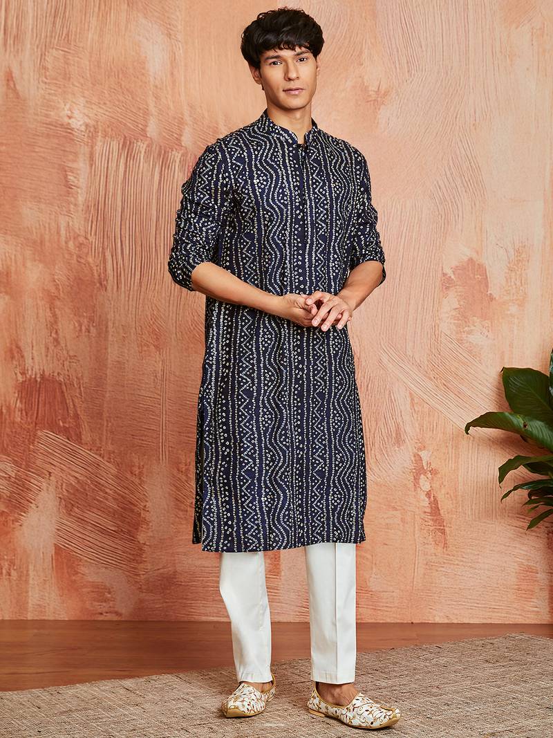 blue foil bandhani digital print rayon kurta with cream viscose pyjama | festive casual wear