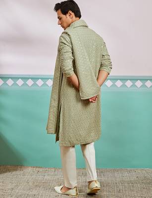 pista green chikankari rayon kurta with cream pyjama & pista embroidered dupatta | fresh festive set 5