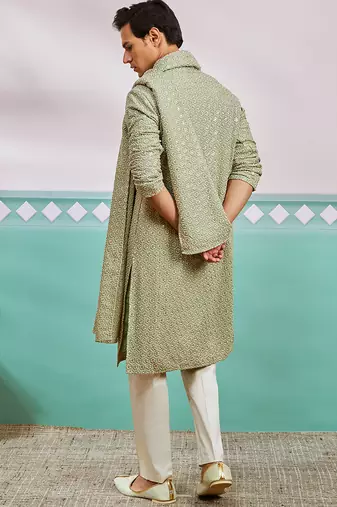 pista green chikankari rayon kurta with cream pyjama & pista embroidered dupatta | fresh festive set