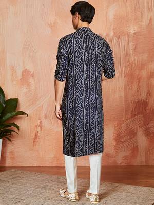 blue foil bandhani digital print rayon kurta with cream viscose pyjama | festive casual wear 5